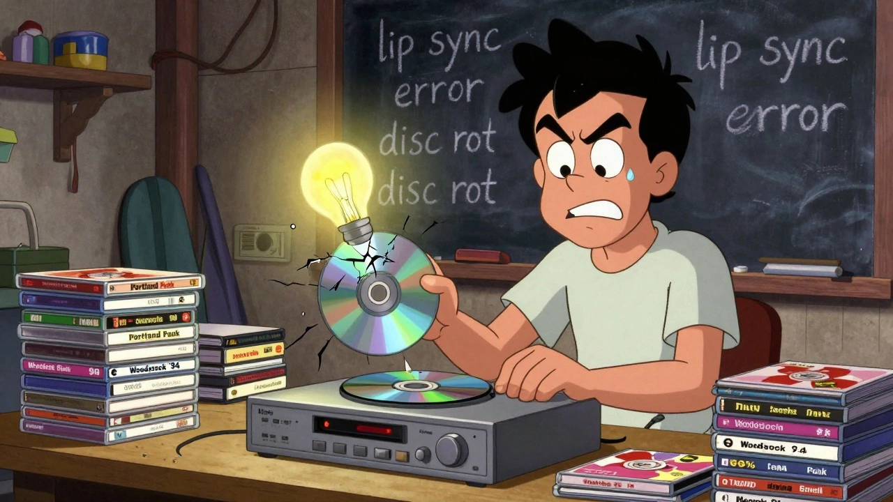 An indie filmmaker struggles with early DVD tech in a garage studio, surrounded by labeled discs and handwritten notes about technical flaws.