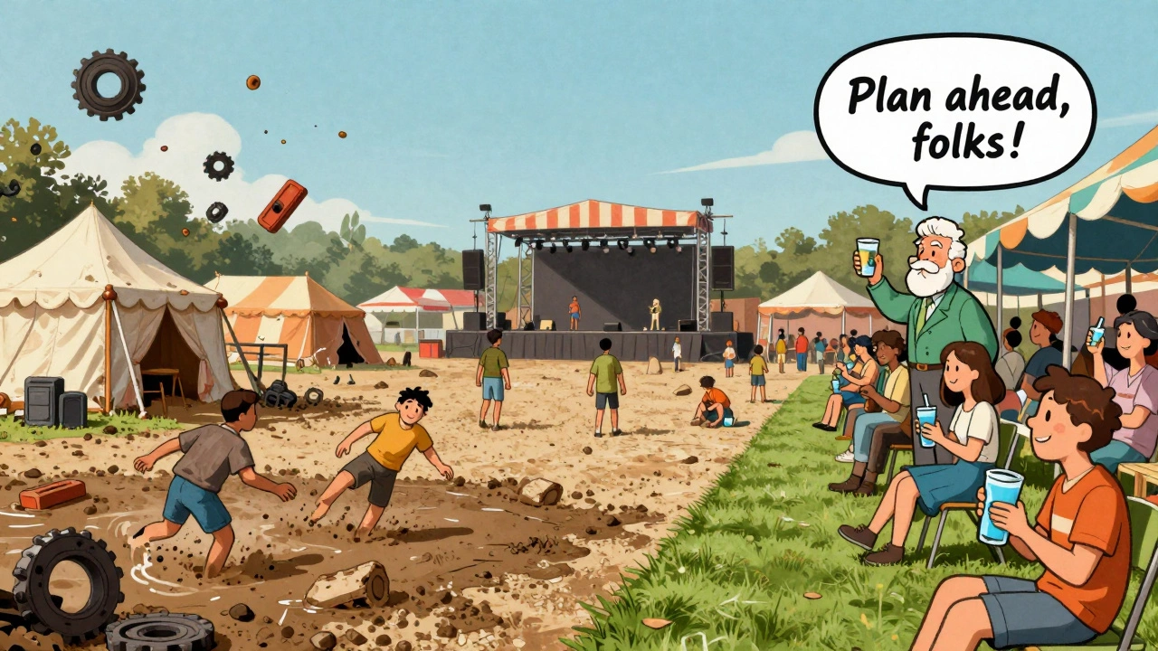 Before and after scene of a festival: muddy disaster vs. organized, dry venue with proper drainage and shaded areas.