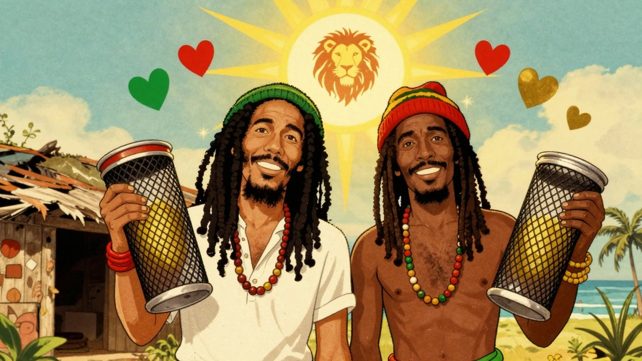 Bob Marley and Peter Tosh wearing tam hats with lion emblem in sky, Jamaican backdrop.