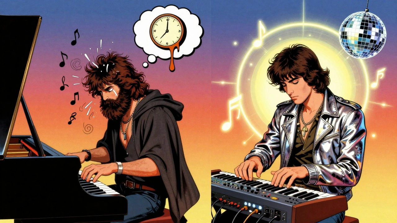 Contrasting scenes: a frantic prog rock player vs. a calm pop musician using an arpeggiator, symbolizing two musical worlds.