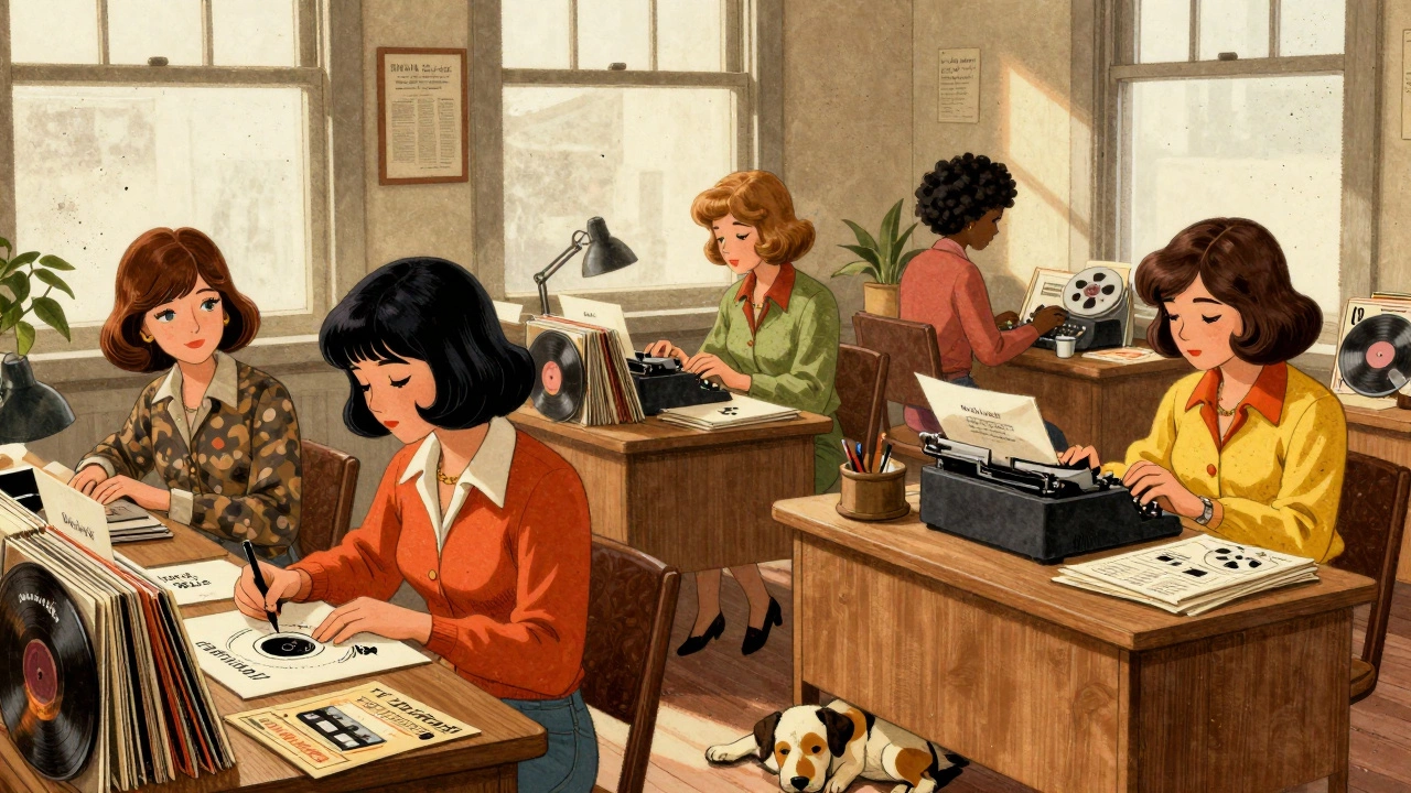 Five women running Olivia Records from a small office with records and typewriters