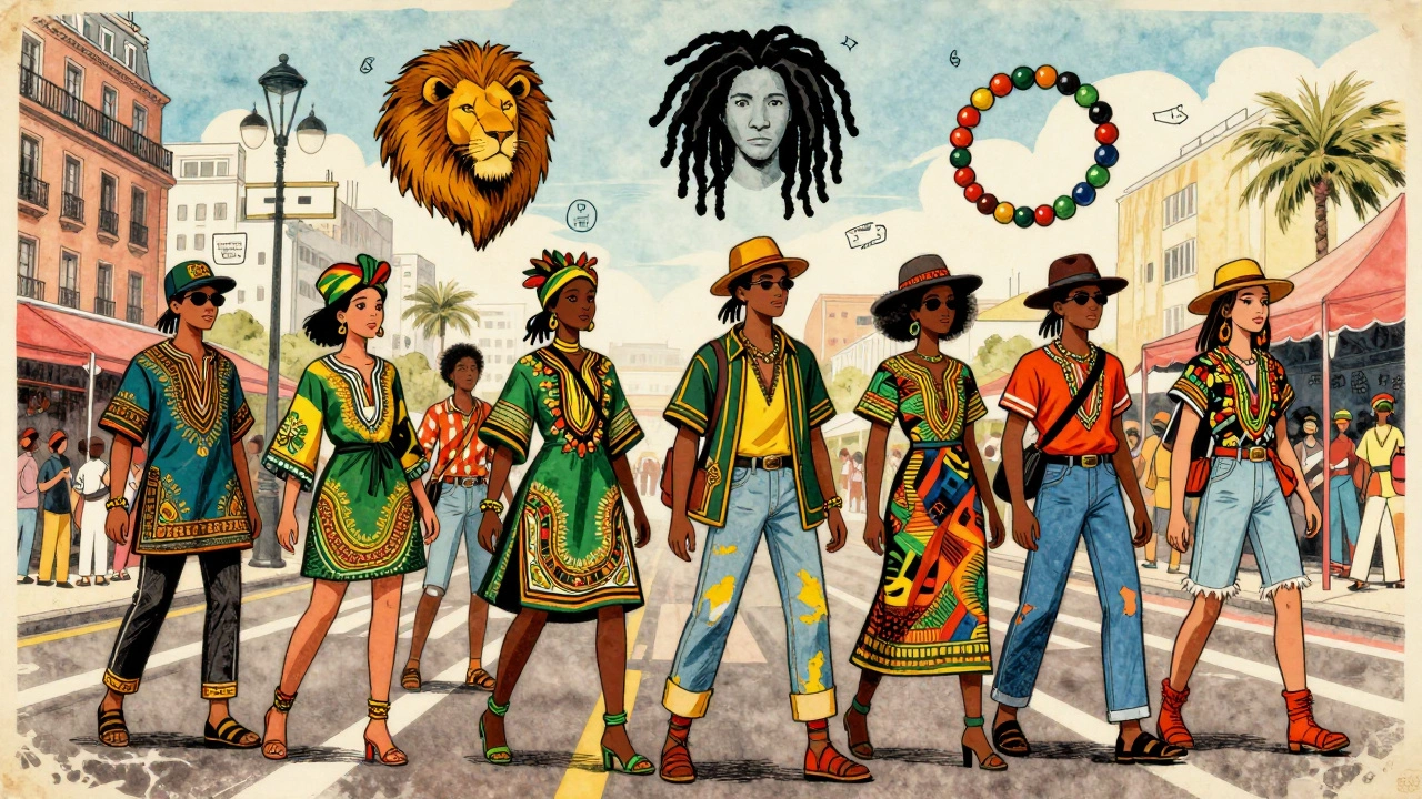 Global fashion parade with reggae-inspired clothing and symbols floating in the air.