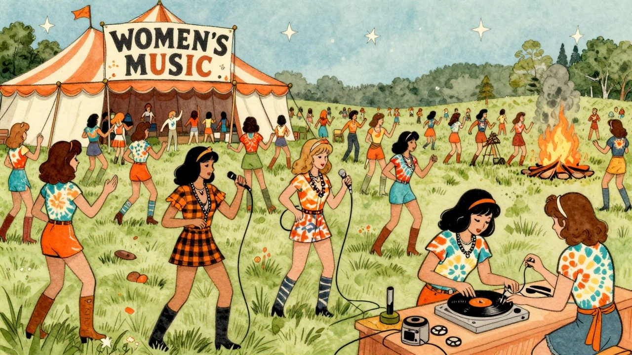 Hundreds of women dancing at a 1970s music festival under a big tent
