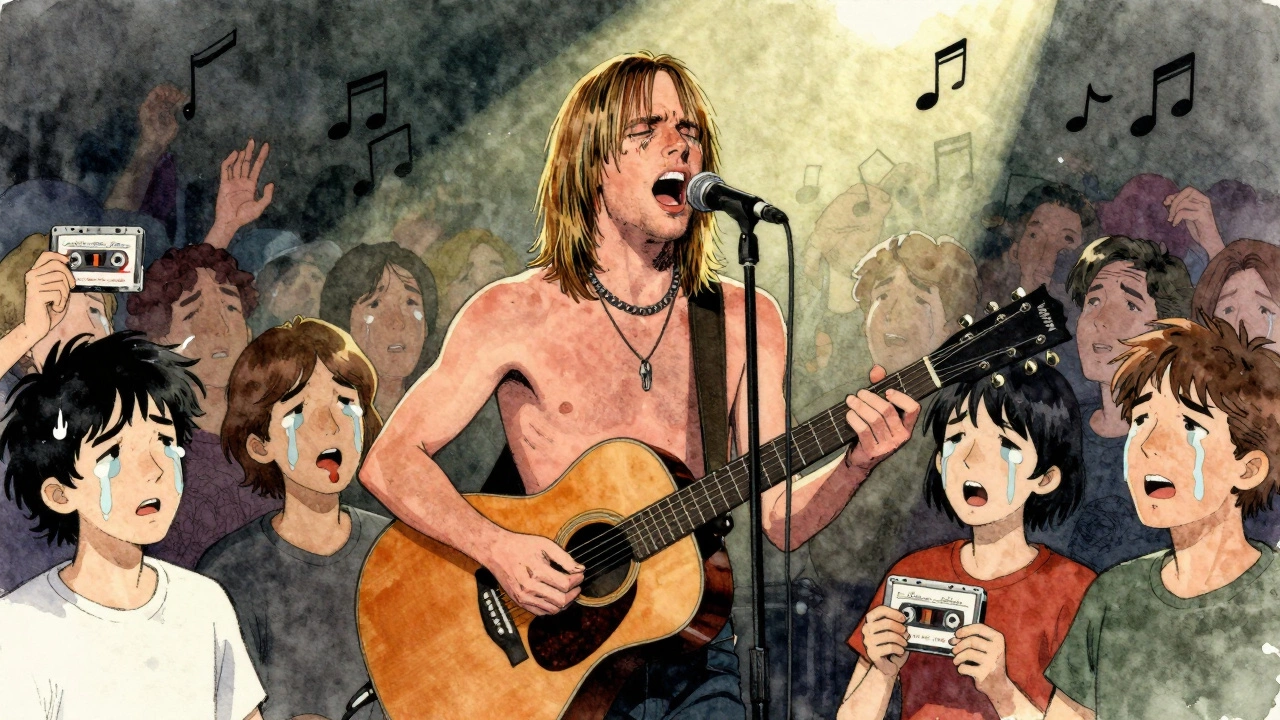 Kurt Cobain performs 'Where Did You Sleep Last Night?' on MTV Unplugged, emotionally gripping the audience in a dimly lit cartoon scene.