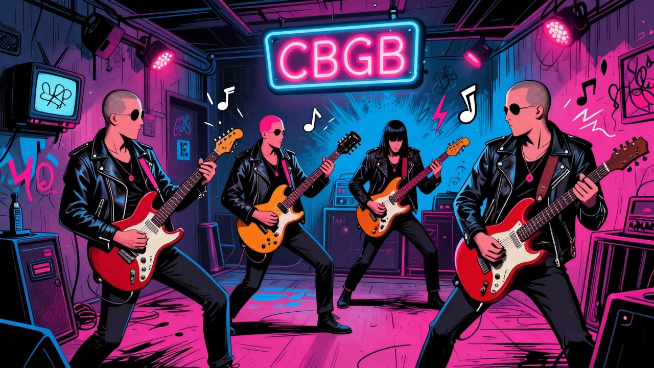 Ramones playing in a gritty New York basement club with neon signs and speed lines