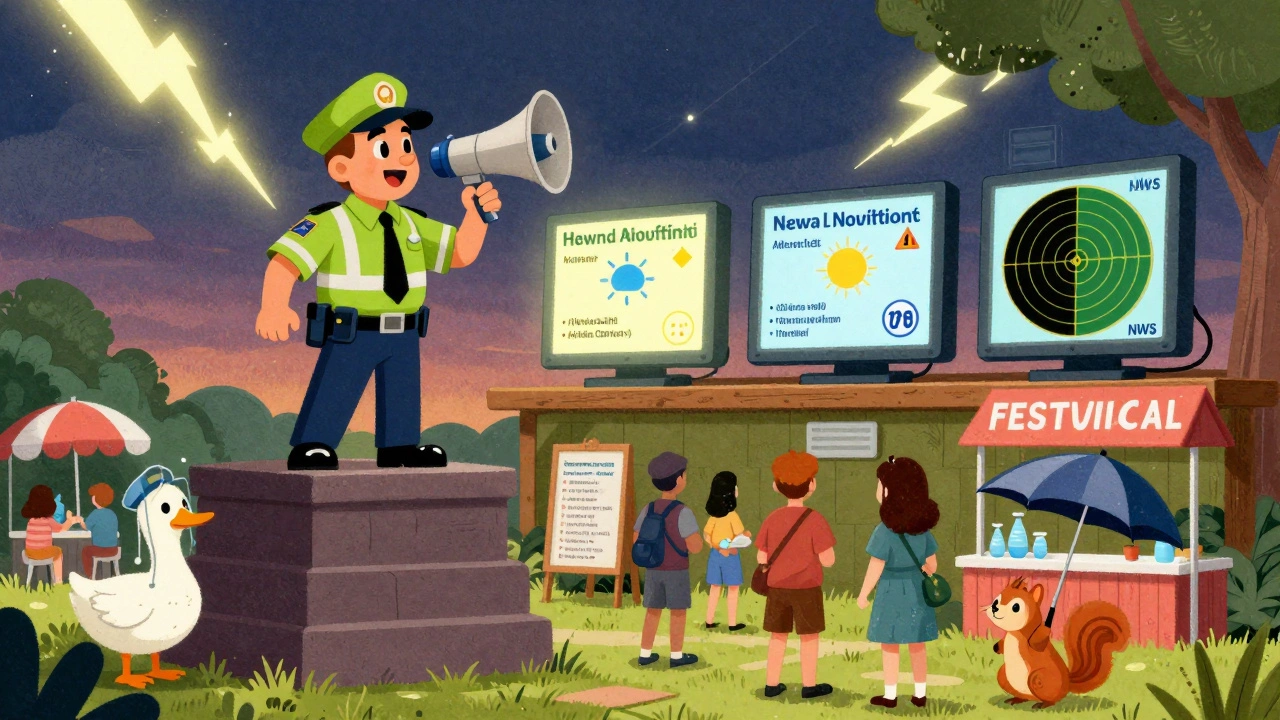 Safety officer directing attendees using weather alerts on monitors, with lightning in the background and calm crowd below.