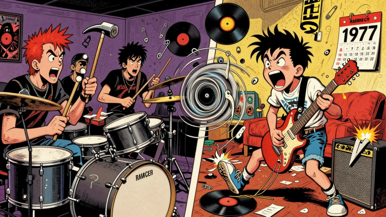 Split cartoon scene: precise UK punk band vs messy American punk kid in bedroom