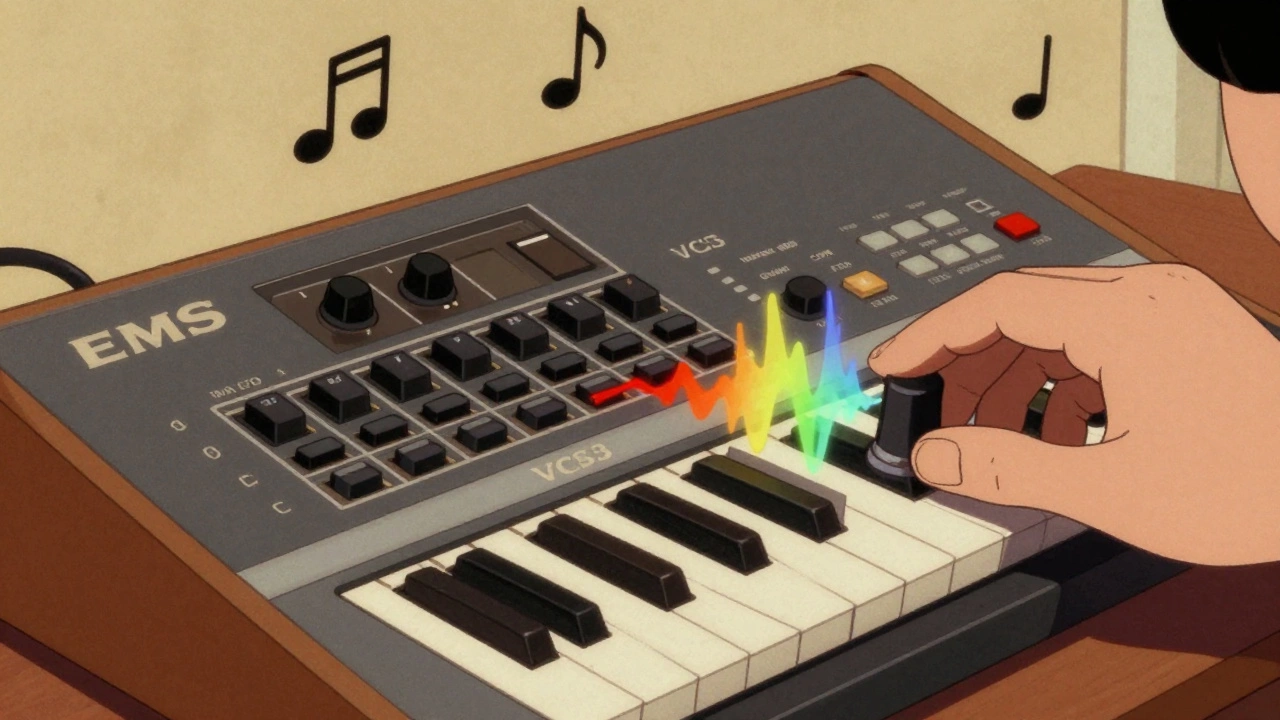 VCS3 synthesizer with pin grid and joystick controller.