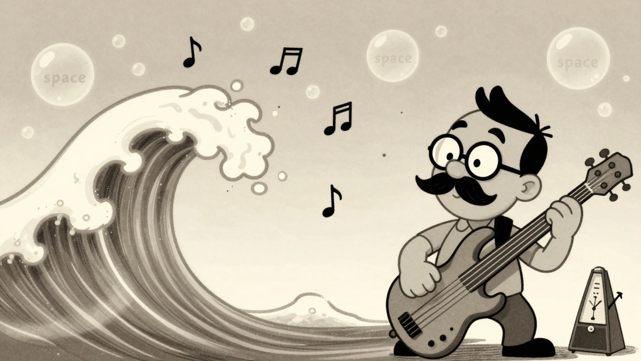 A bassist plucking one note, with soundwaves paused in mid-air as floating musical notes and silence bubbles.