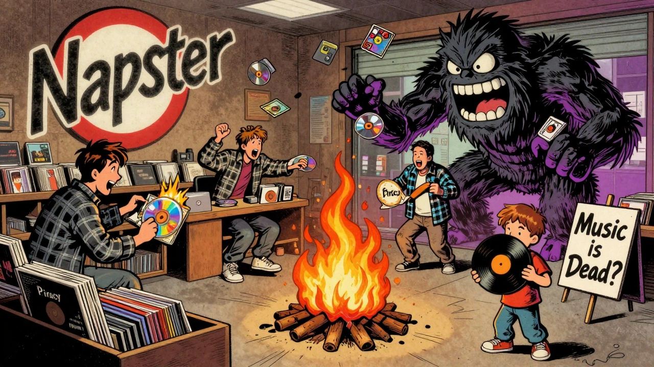 A chaotic music store with clerks burning CDs as a giant Napster monster looms, a kid clutches a vinyl record.
