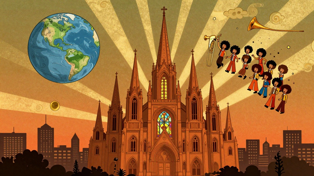 A cosmic soul cathedral built from 1970s instruments, glowing with golden light against a dusk city skyline.