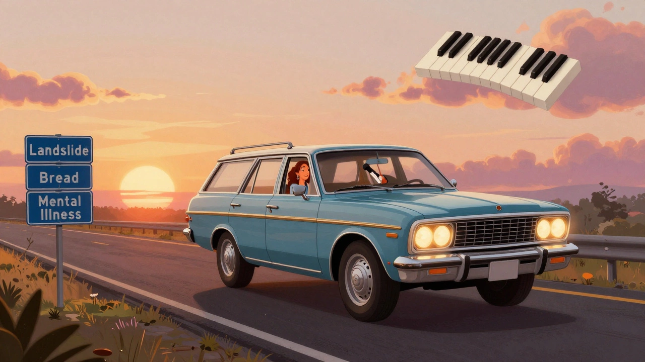 A floating 1970s car with Carole King and Harry Styles inside, surrounded by musical signs.