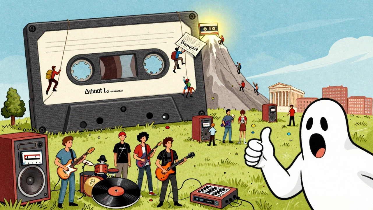 A giant cassette tape mountain is climbed by fans using fanzines as ropes, with a glowing 1983 album at the top and modern musicians below.