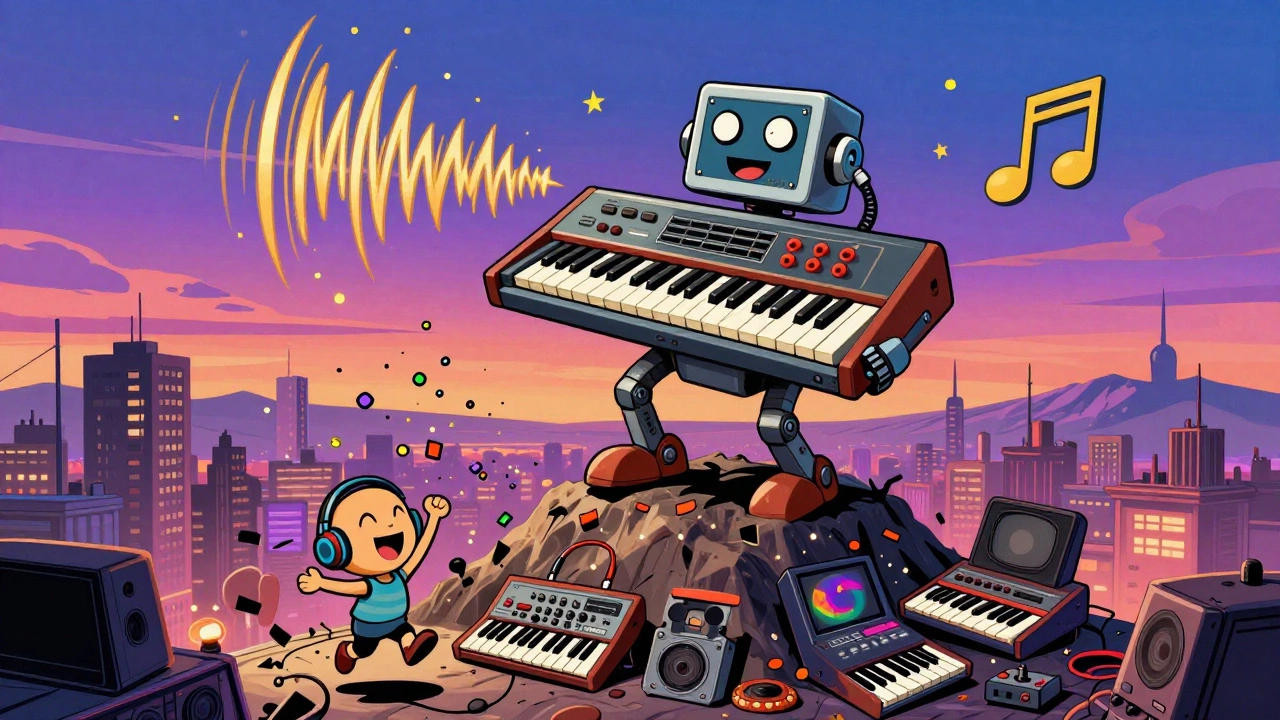 A giant smiling Korg M1 robot broadcasting music across cities, with glitchy Kawai K1 samples raining like confetti.