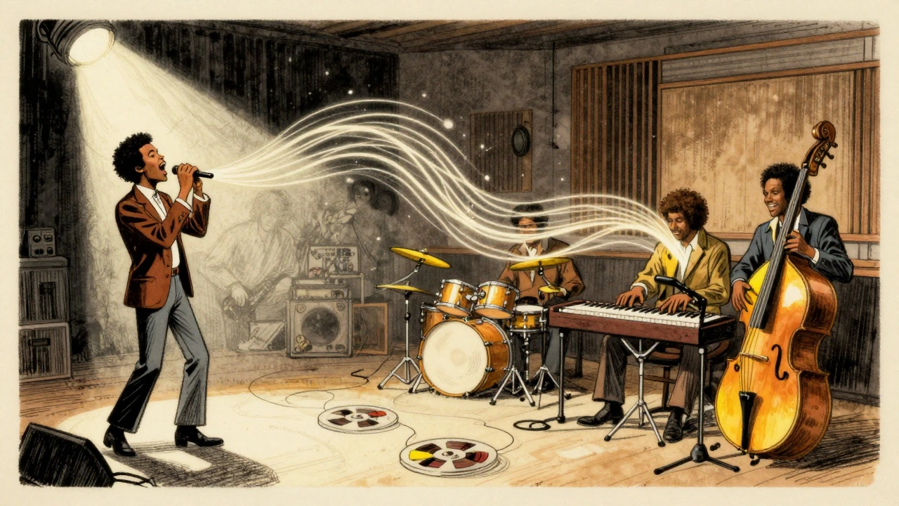 A modern singer connected by a glowing voice thread to Stevie Wonder playing all instruments in a 1970s studio.