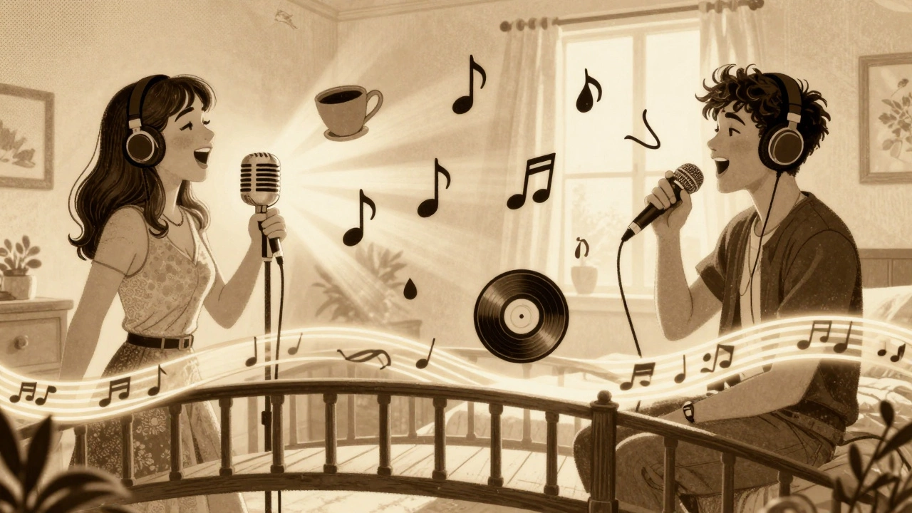 A musical bridge connecting Karen Carpenter to a modern indie singer through a glowing tape ribbon.