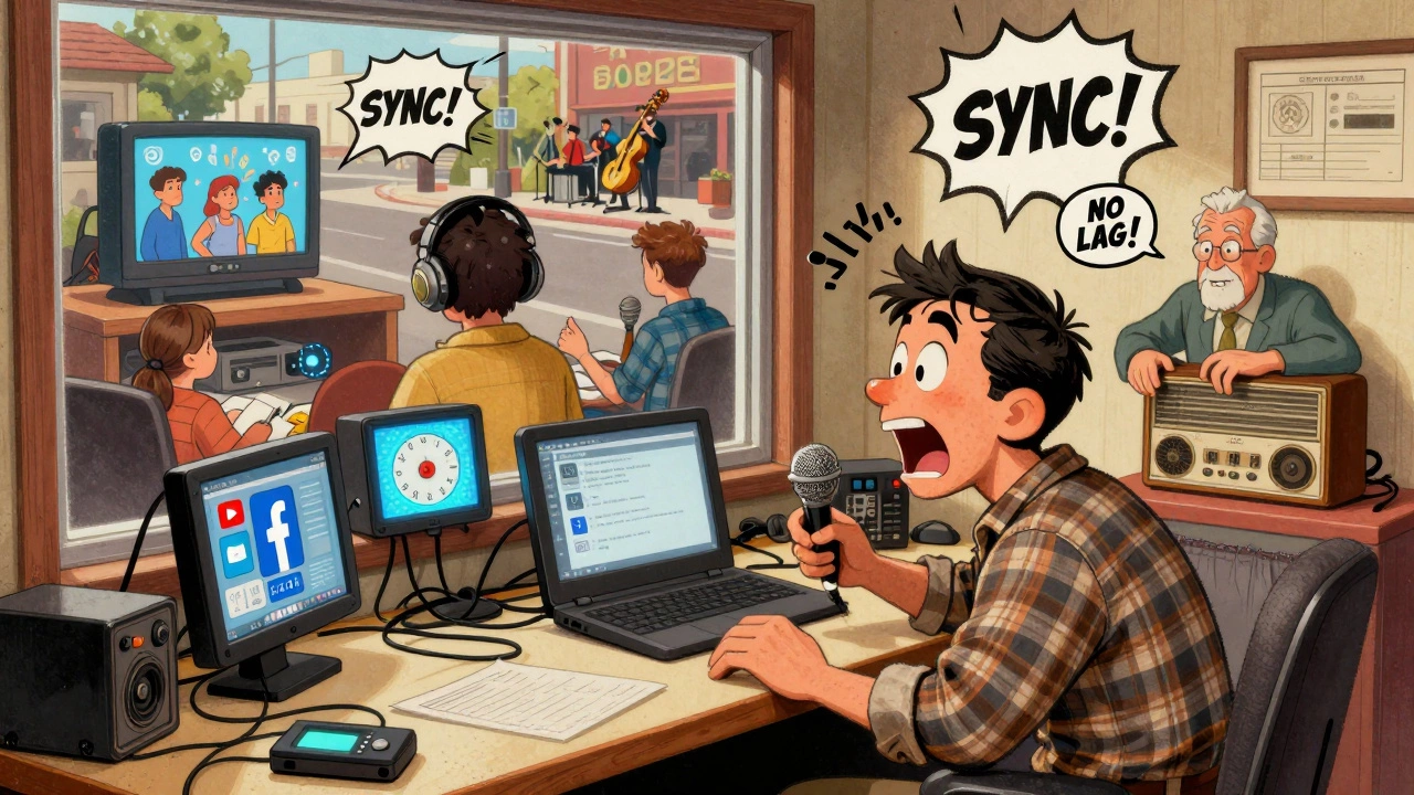 A small radio station crew simulcasting live music to YouTube, Facebook, and radio with a 50 Mbps internet connection.