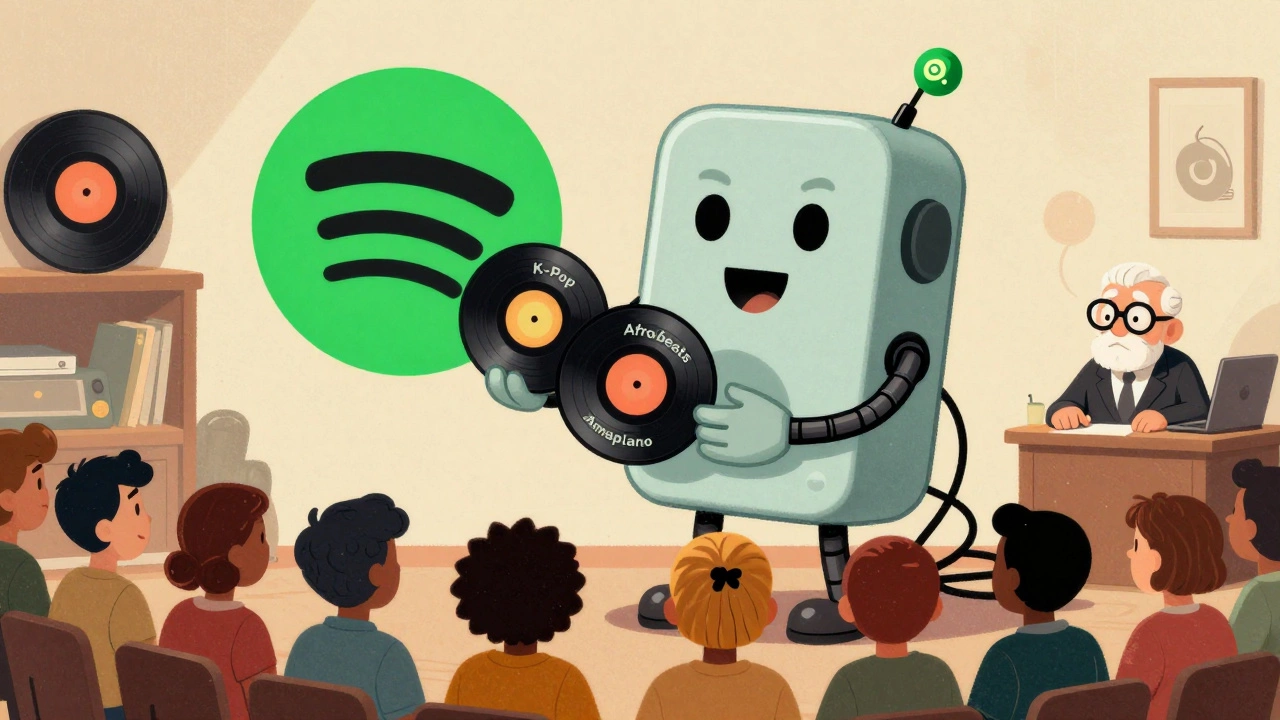 A streaming platform robot giving music records to global listeners while an old record executive looks on in shock.