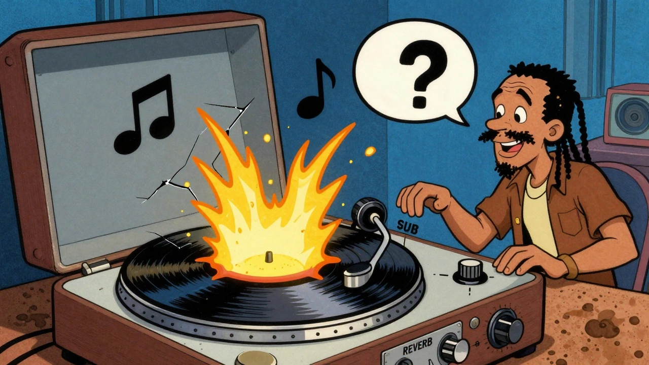 An earthquake made of bass notes rising from a record player, forming a musical conversation in a studio.