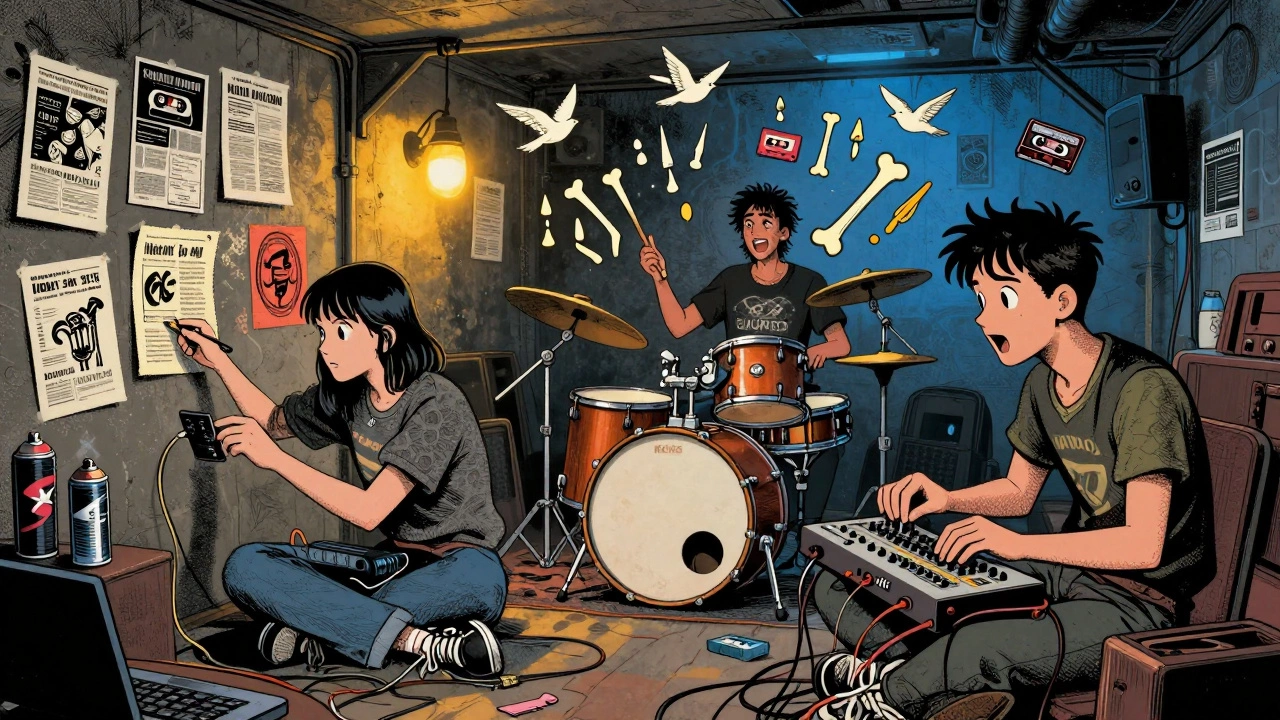 Artists in a basement hack a synth and paint album art, surrounded by floating tape loops and tribal drum symbols.