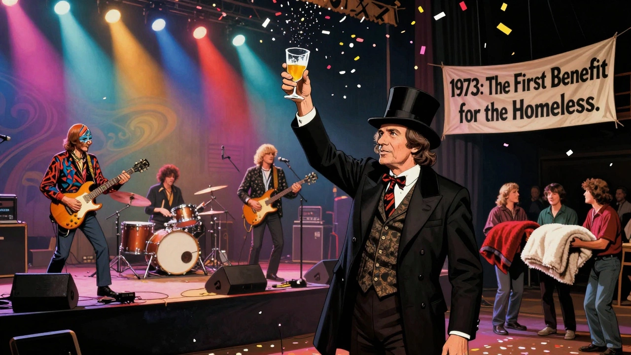 Bill Graham toasts at Winterland’s 1972 New Year’s Eve concert as bands play under colorful lights, with volunteers helping the homeless in the background.