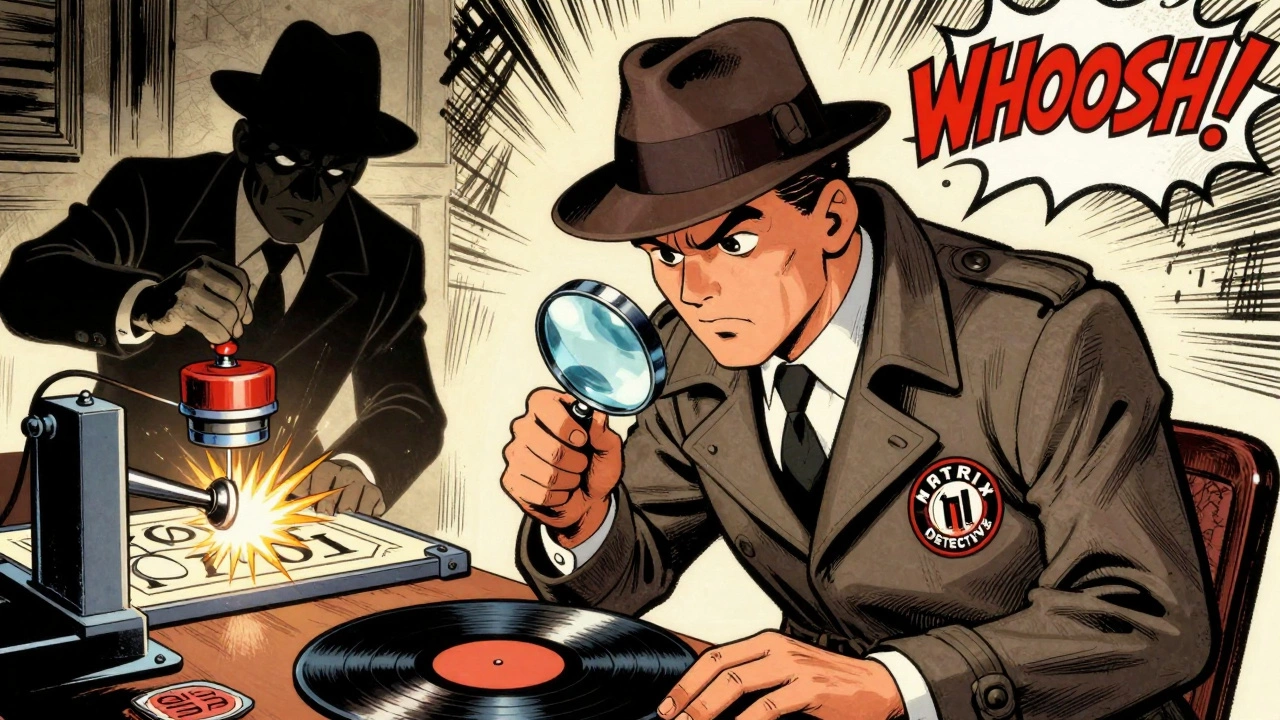 Detective cartoon examining a vinyl record while a forger tries to fake the matrix number.