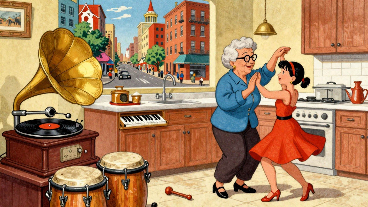 Elderly woman teaching a girl salsa in a kitchen, with musical instruments dancing on their own and a mural of Latin roots on the wall.