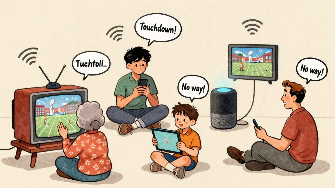 Family members across rooms watching the Super Bowl on different devices, all reacting together.
