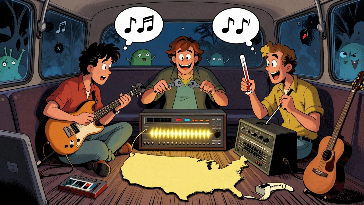 Musicians tuning synths in a tour bus, with a thermometer showing high heat and unspooling tape on the floor.