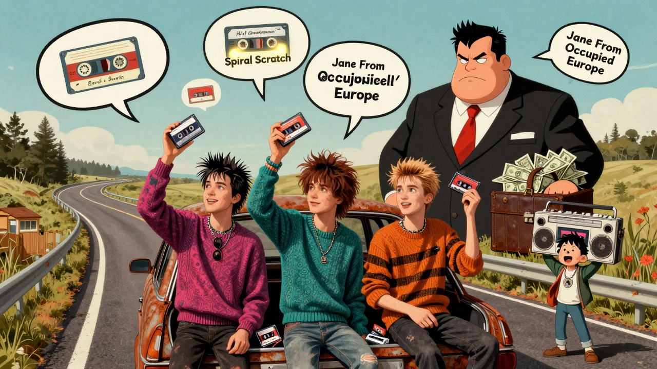 Punk teens distribute cassette tapes from a car trunk while floating album covers glow above them, with a frustrated record exec below.