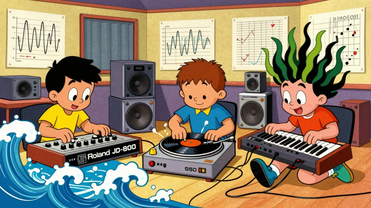 Quirky characters in a studio operating vintage 90s synths and samplers, with swirling sound effects and hand-drawn diagrams.