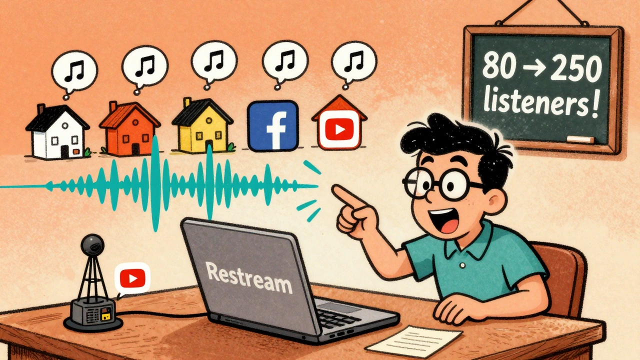 Small radio station host simulcasting jazz live to online platforms, listeners growing around them.