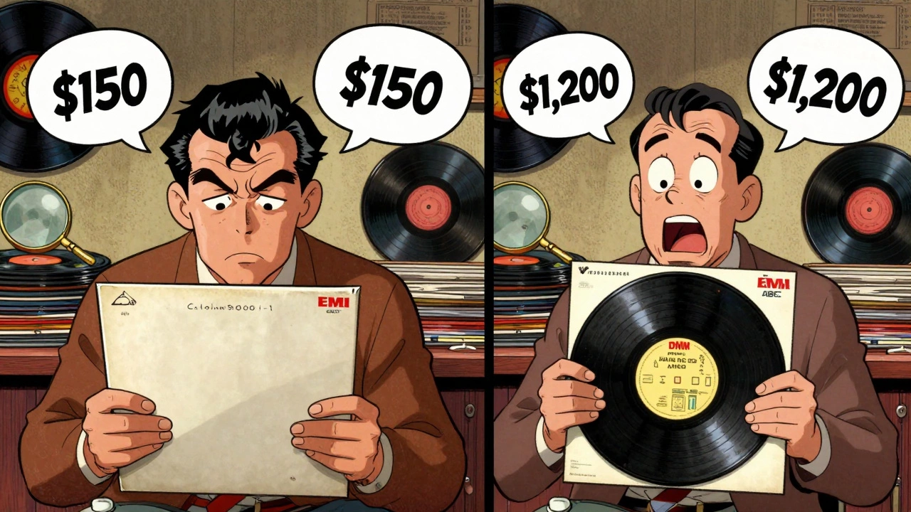 Split cartoon scene comparing U.S. and Japanese vinyl pressings with price tags and etched codes.
