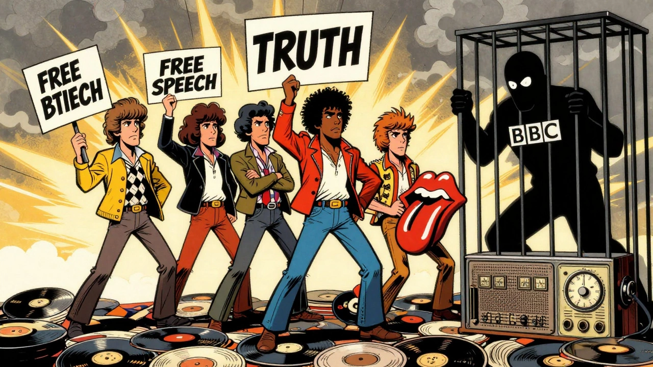 1970s musicians stand defiantly on banned records while a shadowy figure tries to cage them with radio dials.