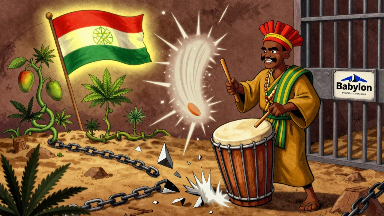 A drummer's beats shatter chains and corporate symbols, while a glowing Ethiopian flag rises from the earth surrounded by cannabis vines and mango trees.