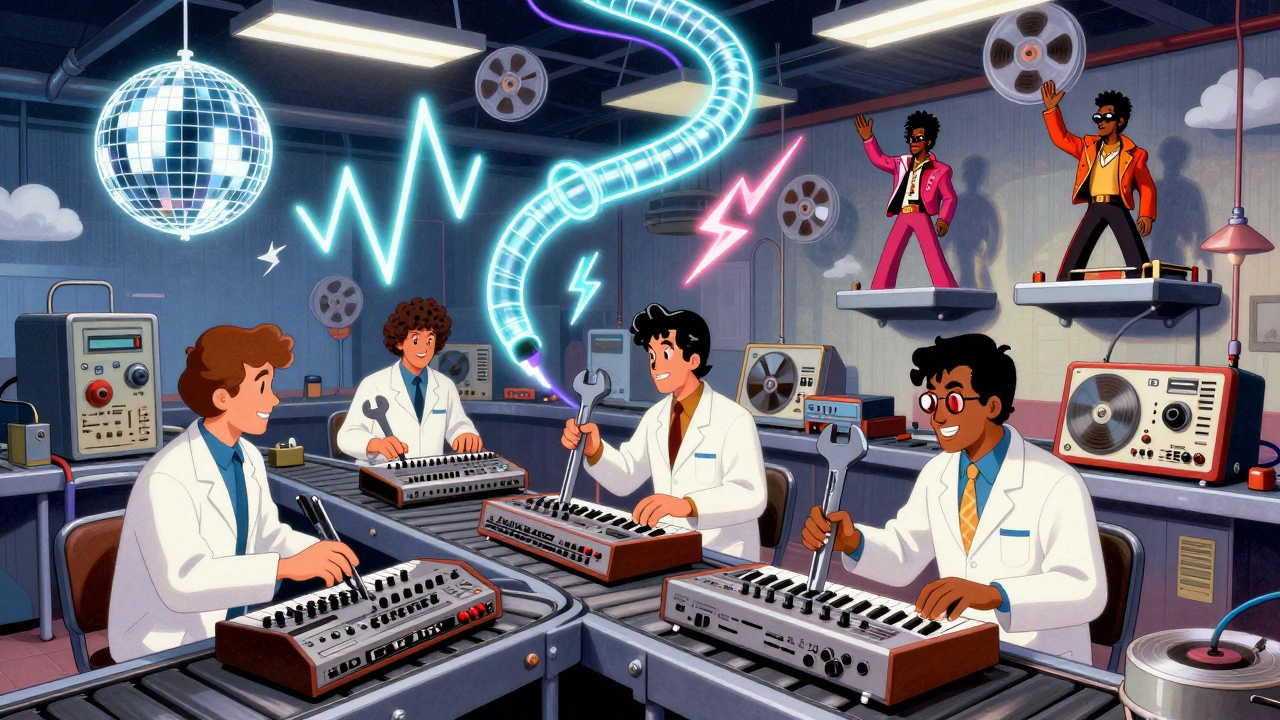 A surreal factory conveyor belt producing iconic 1980s music gear, connected by a glowing MIDI cable and floating sound waves.