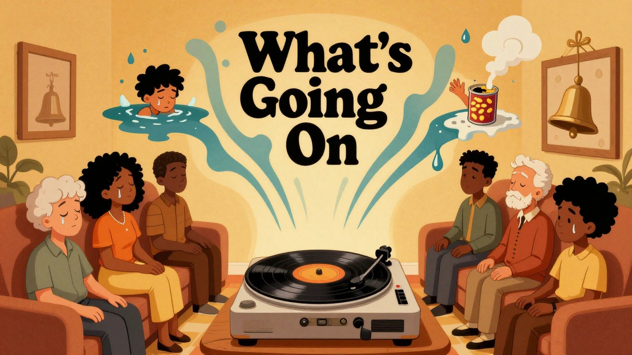 A vinyl record spins, releasing visual metaphors of pollution, hunger, and grief into a quiet listening room.