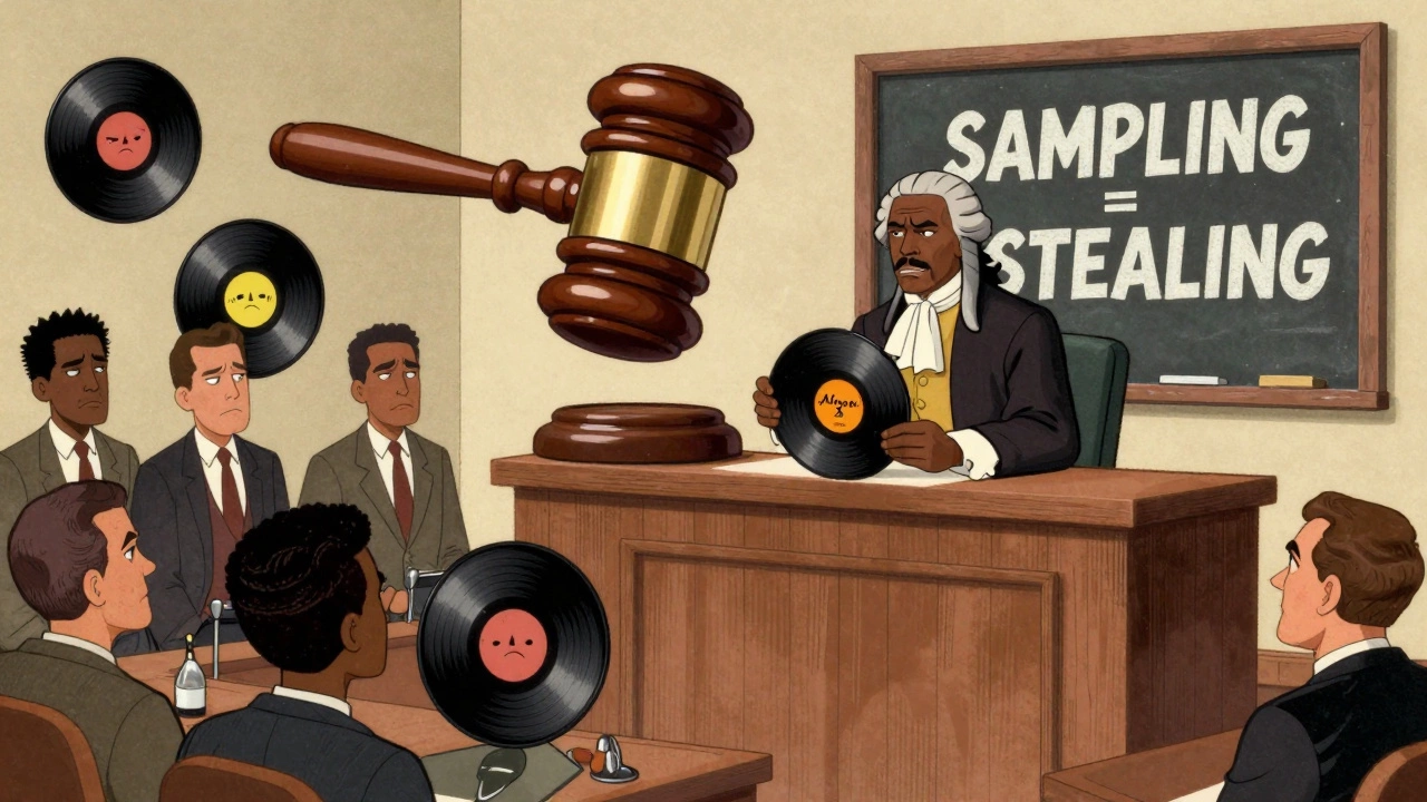 Biz Markie in a 1991 courtroom trial, with funk records as jurors and a sampler-shaped gavel, in vintage cartoon style.
