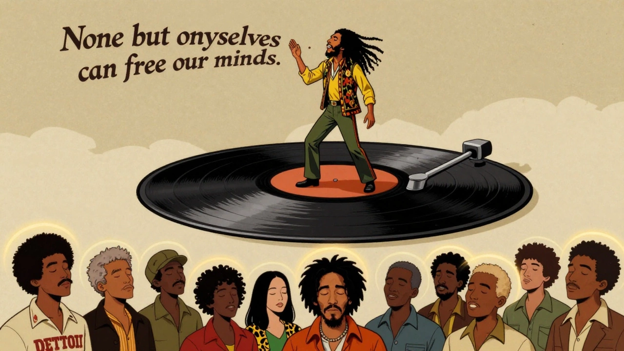 Bob Marley stands on a spinning vinyl record, biblical lyrics floating from his mouth, while people from around the world listen in quiet awe.