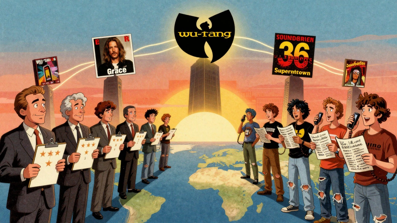 Critics rating albums vs. fans with fanzines, iconic 90s albums rising as monuments in the sky.