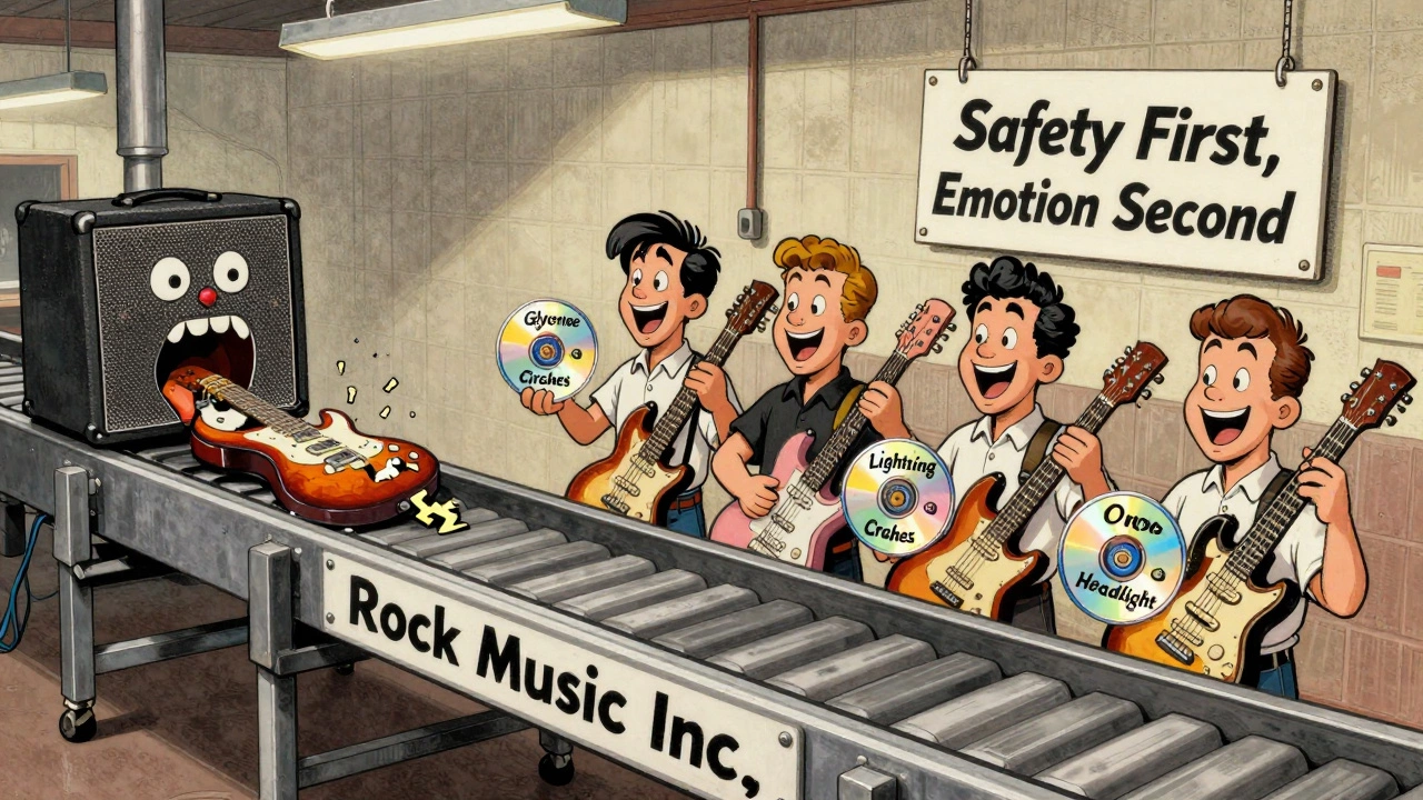 Factory conveyor turning chaotic guitars into identical, smiling post-grunge bands with polished CDs.