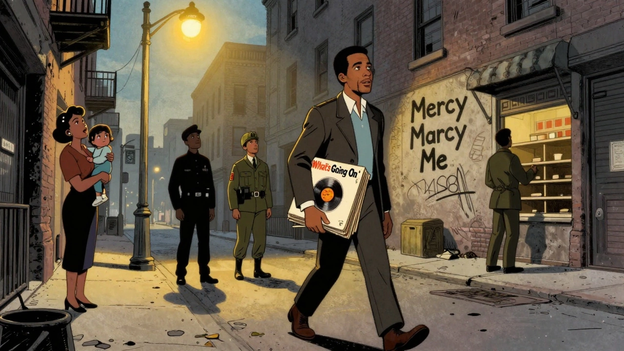 Marvin Gaye walks a city street carrying his album, shadows of suffering people watching him in awe.