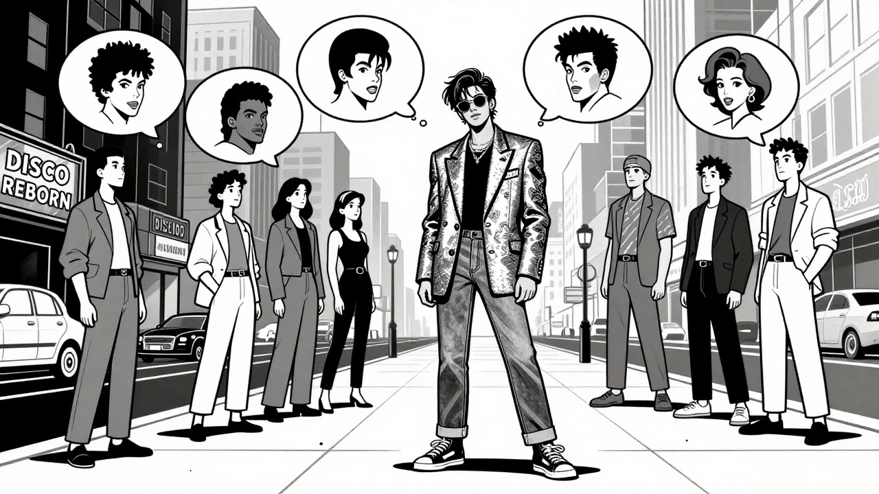 Modern person wearing a metallic blazer on street, others in minimalist clothes stare as 80s music icons nod in thought bubbles.