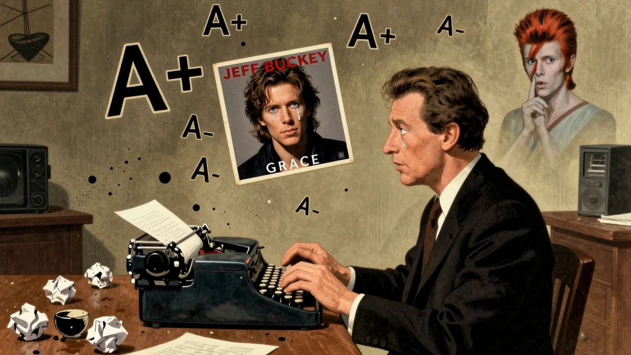 Robert Christgau at his typewriter with floating letter grades, Jeff Buckley's album glowing in the center.