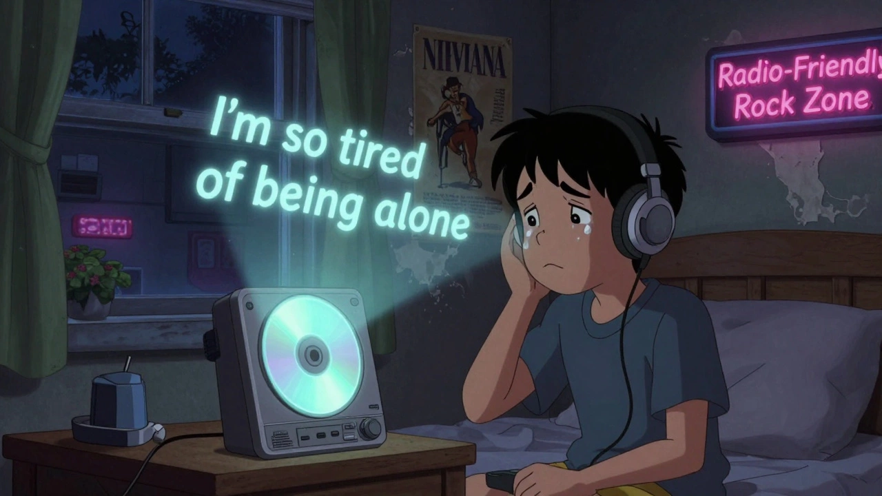 Teen in bedroom crying with headphones on, glowing lyrics floating as a Nirvana poster peels off the wall.