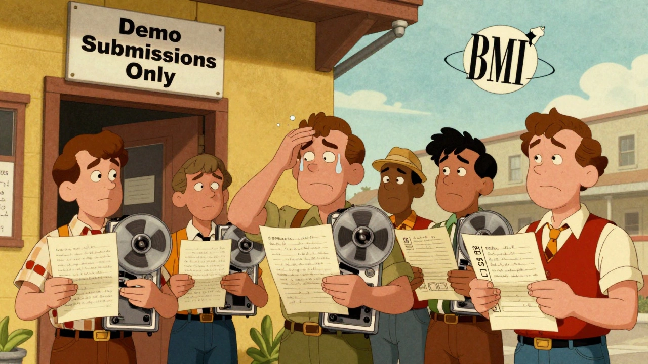 A line of hopeful songwriters outside a Music Row office, each holding demo tapes and lyric sheets in 1970s cartoon style.