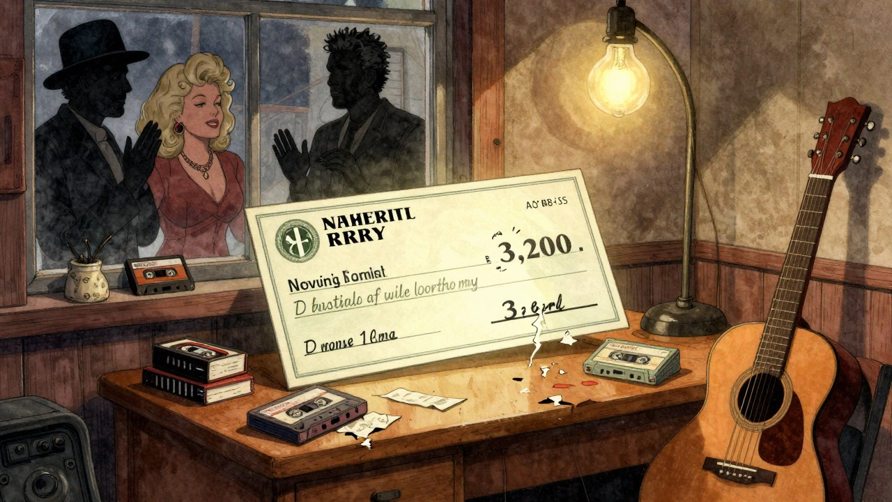 A songwriter stares at a giant royalty check in his basement studio, surrounded by old demo tapes and a single light bulb.