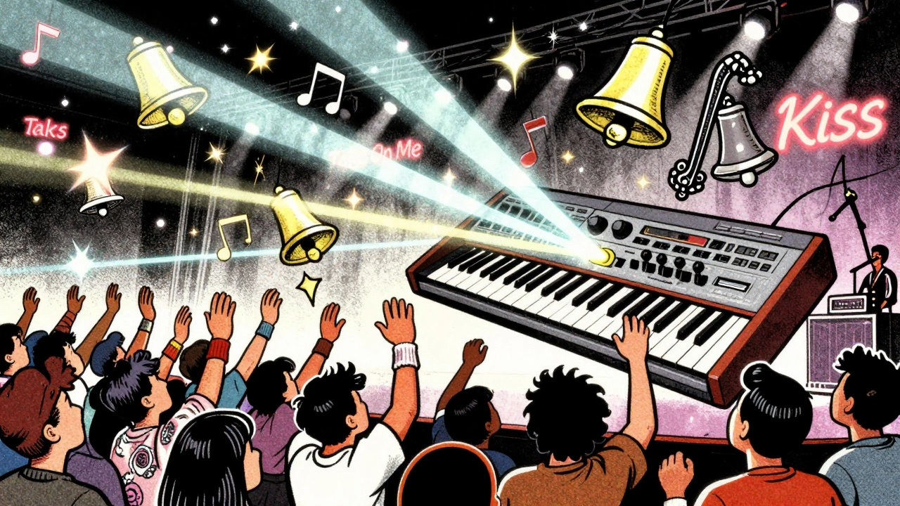 Cartoon concert stage with a giant DX7 shooting musical beams as fans dance to 80s pop hits.