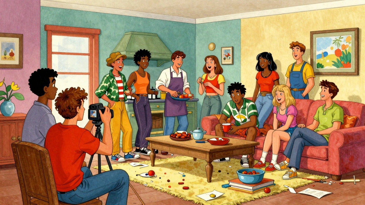 Diverse group of young adults filming casual interactions in a reality TV house.