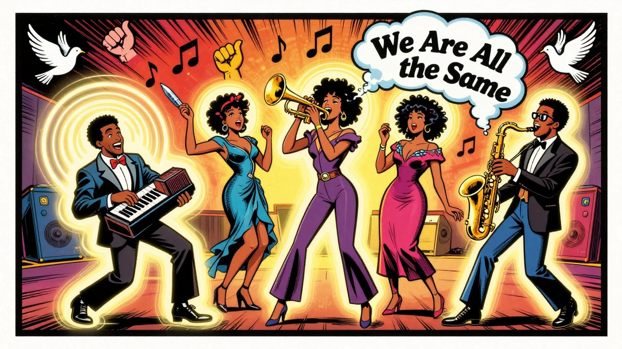 Integrated band members in a glowing studio, each radiating light as musical notes form messages of unity and harmony.